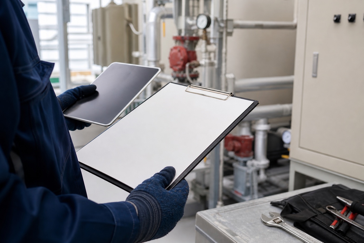 設備点検の報告内容を確認する作業者のイメージ